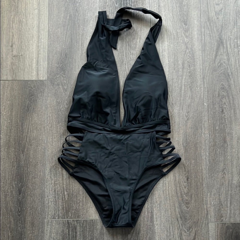 NWT Black Halter Strappy Side One-Piece Swimsuit plunge neckline L
